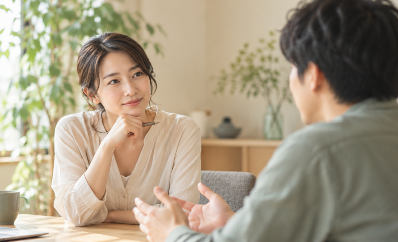 自然光の入る室内で、向き合って話をする2人の実写風イメージ